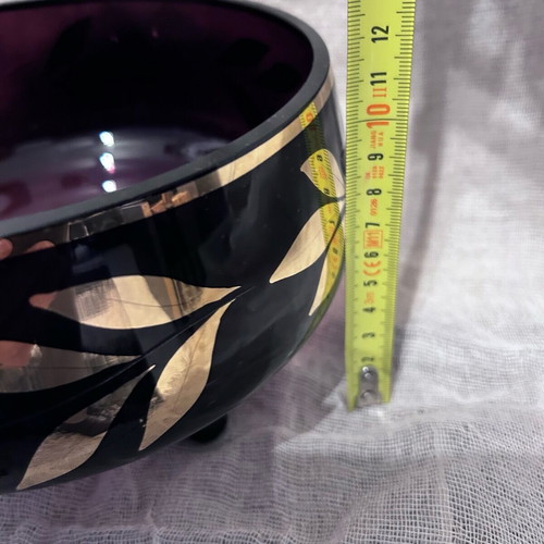 Glass cup dark purple glass with gold leaves like new