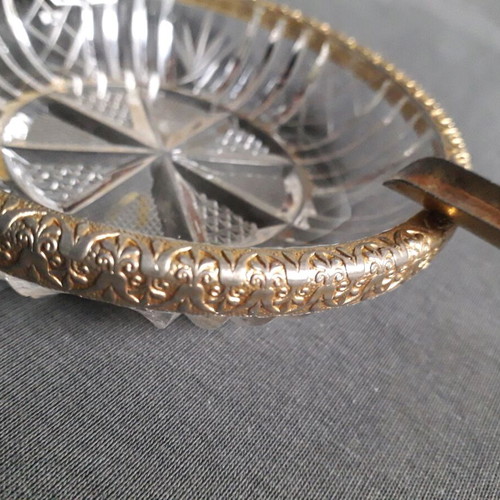 French Art Deco Antique Ashtray 1925 with Hand-Engraved Clear Crystal and Gold Rim like new