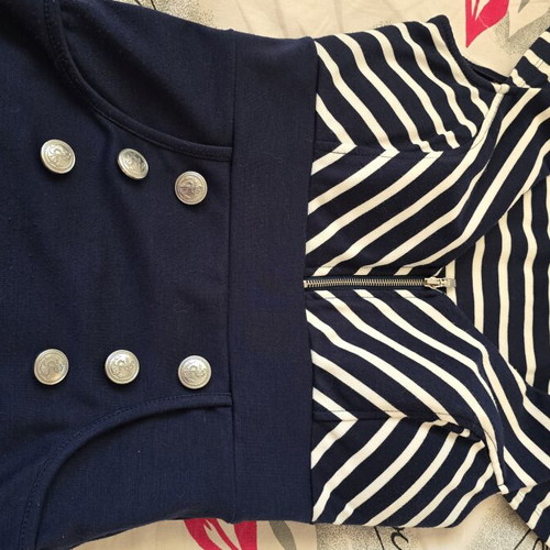 Fitted dress in navy blue with white stripes, used, size M