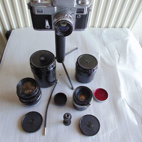 Kiev 3A 1956 camera used with 3 lenses and accessories