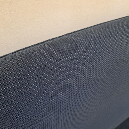 Semi-double bed with headboard 135x200 used, blue cotton fabric, beech frame