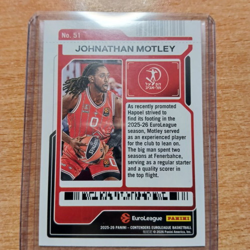 Johnathan Motley 2025-26 Panini Contenders EuroLeague Basketball Card like new, Game Ticket 3/5