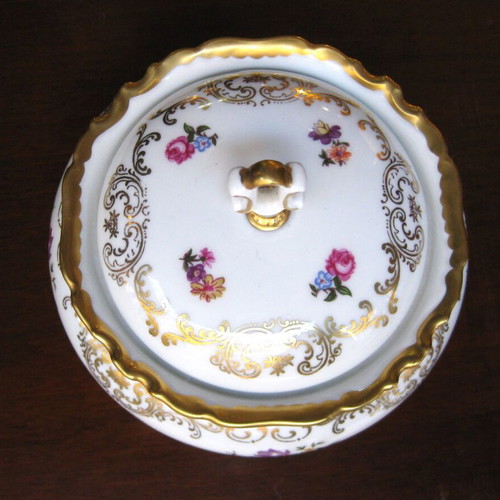 Porcelain fondue pot used, old German with decoration