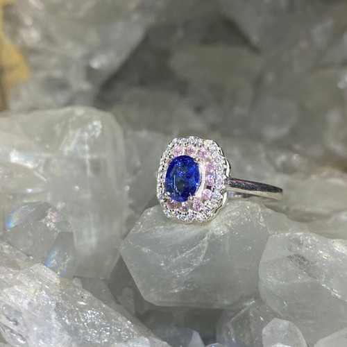 Handmade silver ring with natural blue sapphire, pink quartz & moissanites, size 7