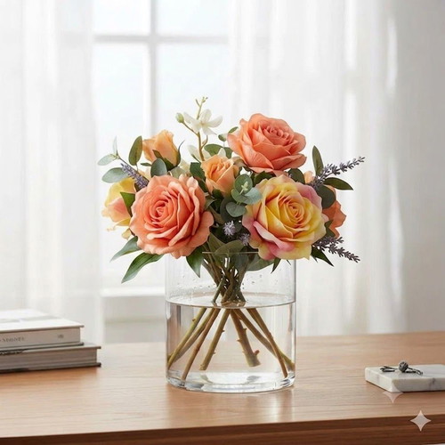Vase Glass Cylinder 15x15cm with Sia artificial rose bouquet