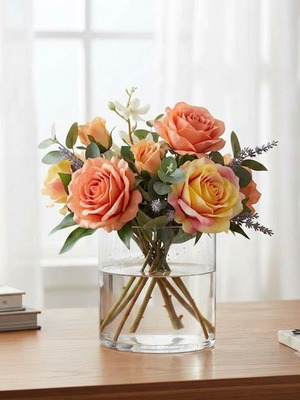 Vase Glass Cylinder 15x15cm with Sia artificial rose bouquet