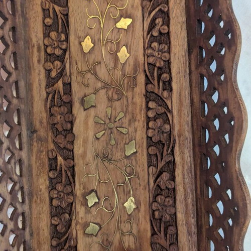 Handmade Indian carved wooden vintage tray with brass inlay