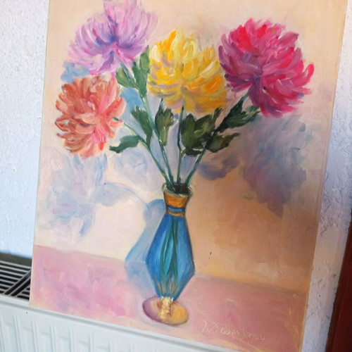 Oil painting on canvas authentic used, still life with dahlias