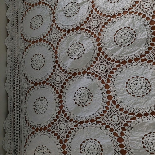 White knitted blanket with embroidery and lace, new, 220x270cm