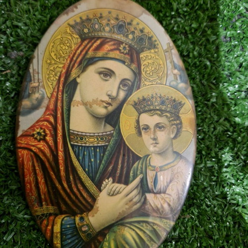 Virgin Mary of Angels metal icon used with infant Jesus Christ