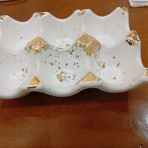 Handmade porcelain egg holder with gold leaf decoration, new