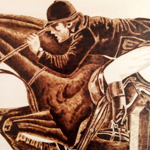 Equestrian Race Woodburning Painting new on poplar wood