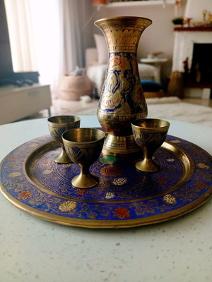 Vintage decorative miniature set made of brass and enamel handmade like new