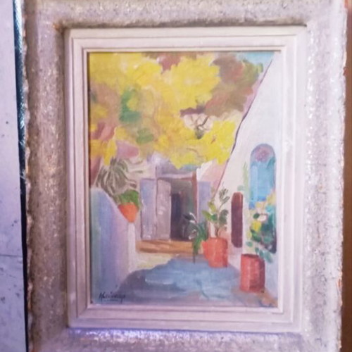 Painting by Lela Stathopoulou, alley scene, oil or acrylic on plywood