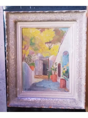 Painting by Lela Stathopoulou, alley scene, oil or acrylic on plywood