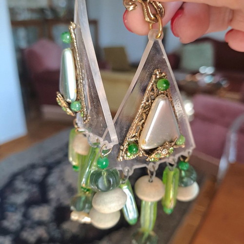 Italian long fashion earrings with plexiglass and crystal stones