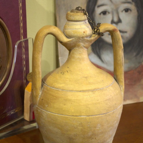 Mediterranean terracotta olive oil jug used, Apulian pottery