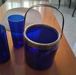 Set of 4 blue glass ouzo glasses and matching ice bucket like new