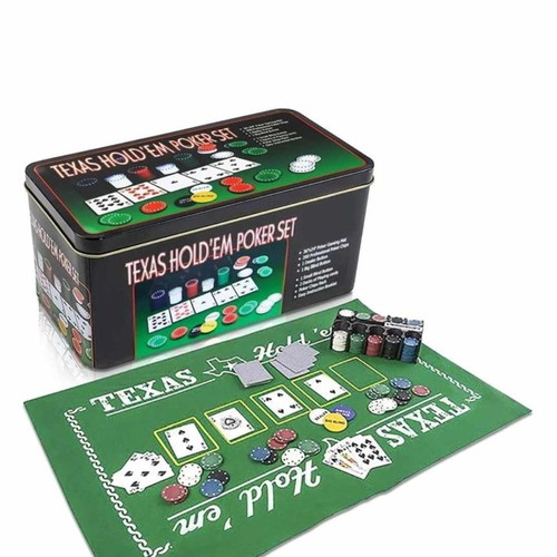 Poker set in metal box new with 200 chips and playing cards