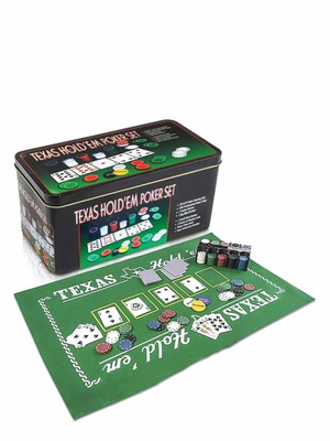 Poker set in metal box new with 200 chips and playing cards