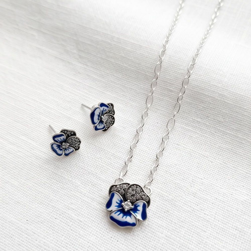 Pandora Blue Pansy Necklace and Earrings Set new, silver 925