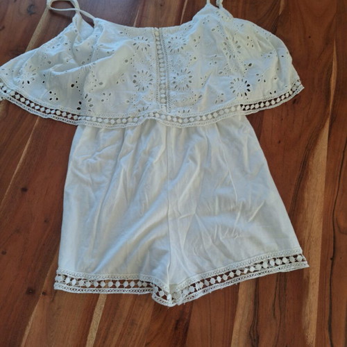 Bershka white embroidered one-piece shorts M, open back