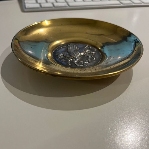 Decorative brass plate with silver Pegasus inlay used