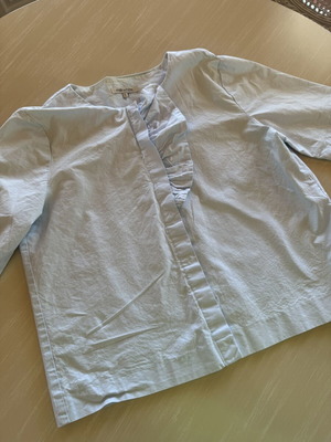 Milkwhite Baby Blue blouse used, large, cotton, ruffle detail