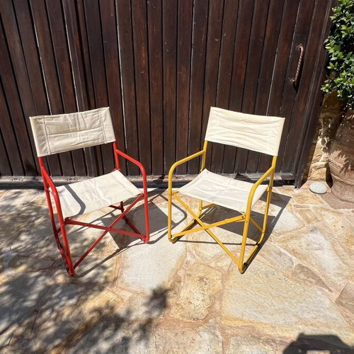 Set of 4 folding canvas chairs, metal frame, yellow and red