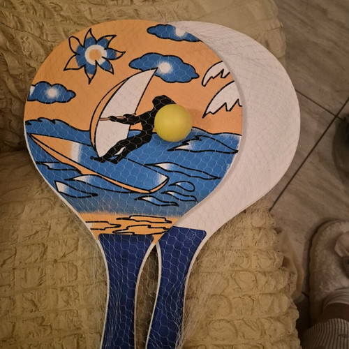 Tsagkogeorgas wooden beach rackets set new with windsurfer design