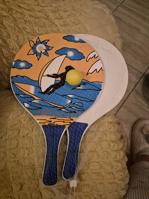 Tsagkogeorgas wooden beach rackets set new with windsurfer design