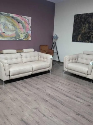 Cream leather three-seater sofa with electric relax mechanism and armchair new