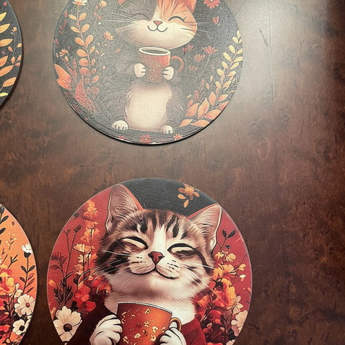 Set of 6 wooden cat coasters