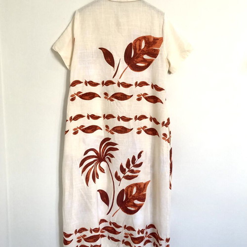 Summer Linen Dress Kimono Caftan S/M new, beige with tropical print