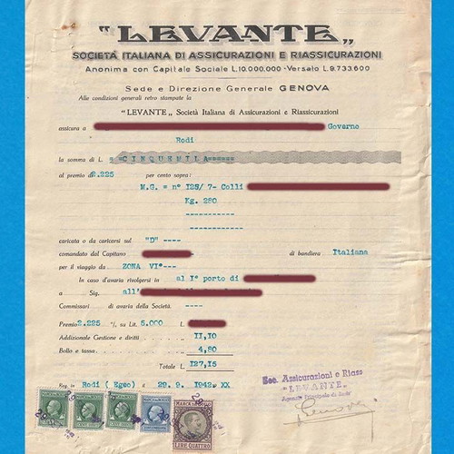 Levante insurance policy 1942 used with 5 Italian stamps