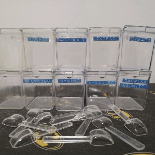 Set of 10 acrylic spice storage boxes used