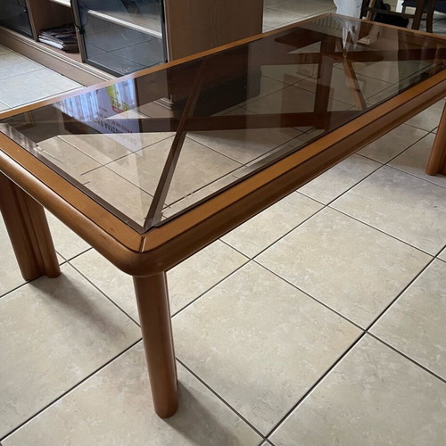 Coffee tables set used, 3 pieces with glass and wood