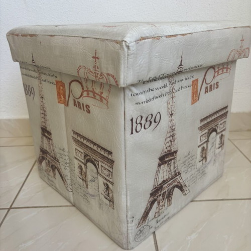 Foldable storage ottoman with vintage Paris theme, like new