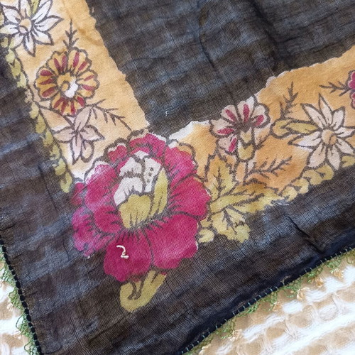 Vintage black scarf with floral design and handmade needle lace, like new