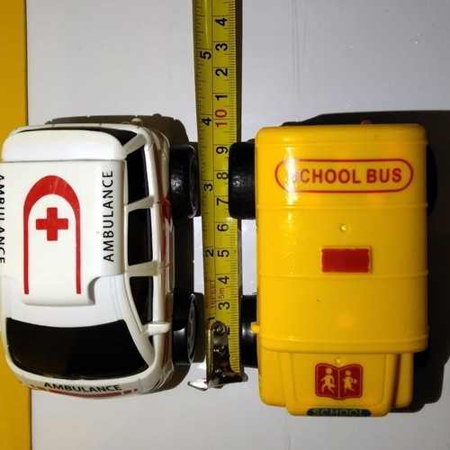 Ambulance and School Bus toy cars, 10 cm, set of 2