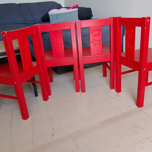 IKEA KRITTER children's chairs set of 4 used, red wood