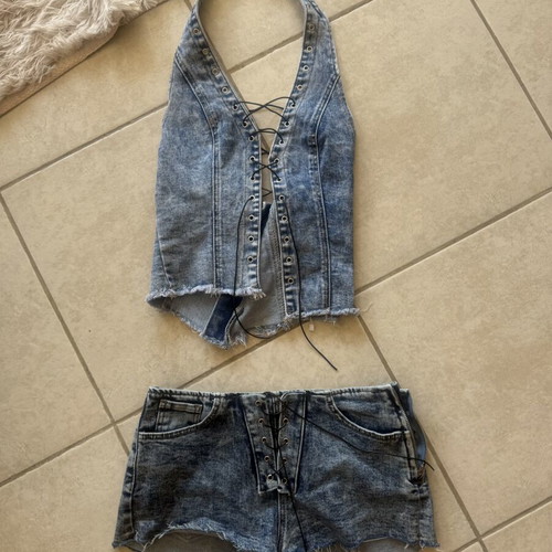 Denim Two-Piece Set like new, lace-up halter top and low-rise shorts