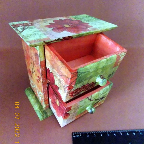 Wooden handmade jewelry box with decoupage, new, two drawers