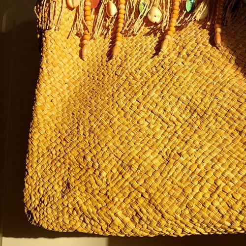 Cabaia Straw Shoulder Bag new, yellow with shells and wooden beads