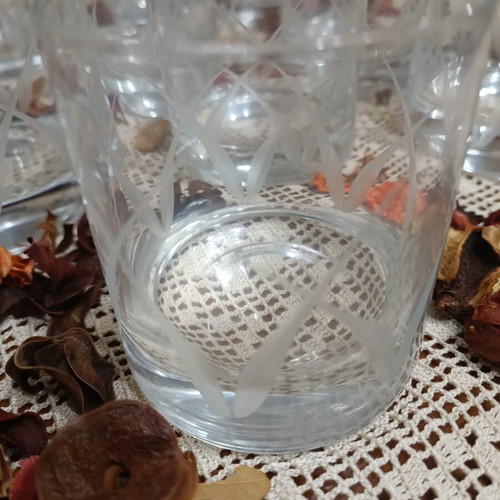 Glasses set like new with water, wine, and liqueur designs, 6 each