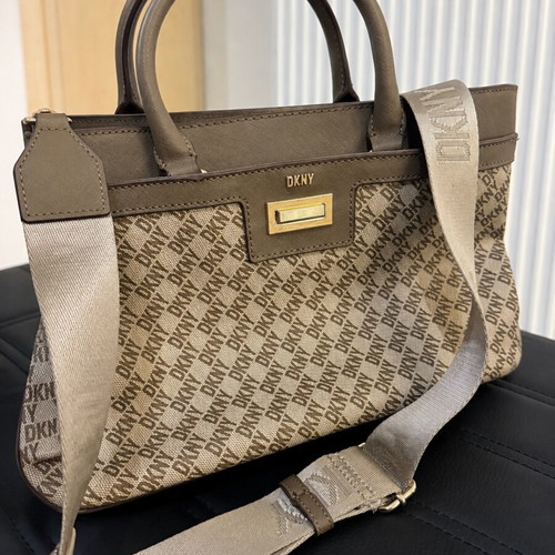 DKNY women's shoulder and handbag, brown/beige monogram with strap