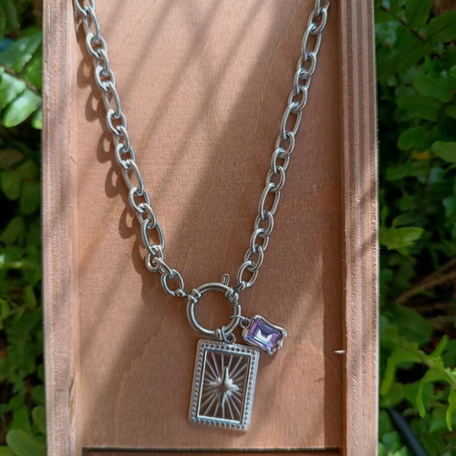 Handmade necklace from stainless steel new, purple and silver
