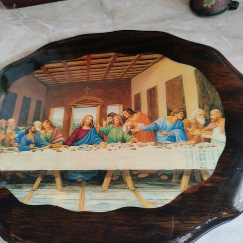 Wooden vintage wall plaque with Last Supper depiction used