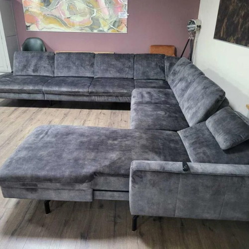 Large gray P-shaped fabric corner sofa with electric recliner LS701521 new