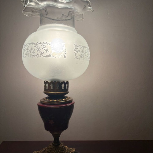 Vintage table lamp used with matte glass shade and porcelain base